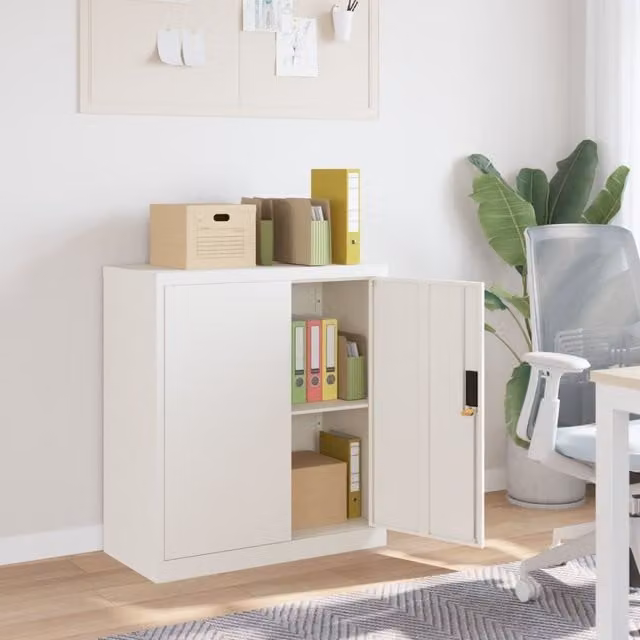 Berkfield Home White Metal Freestanding File Cabinet with Hinged Doors and Lock, W/D/H: 79 x 40 x 90 cm