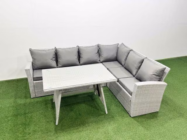 Fimous 6 Seater Rattan Garden Furniture Set with Oblong Dining Table in Light Grey