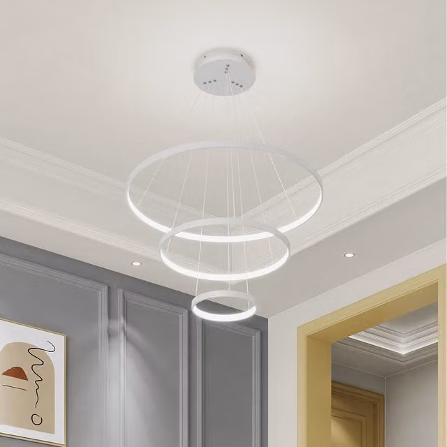 Komore Modern Multi Tier LED Ring Pendant Light in White Aluminium with Warm White Light