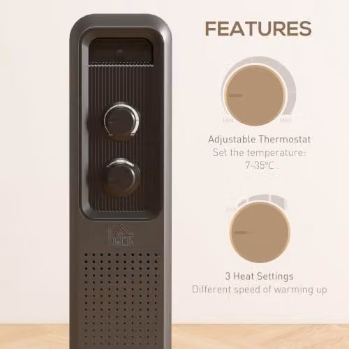 HOMCOM 2500W Oil Filled Radiator Portable Electric Heater in Grey with Thermostat and Overheat Protection – 4