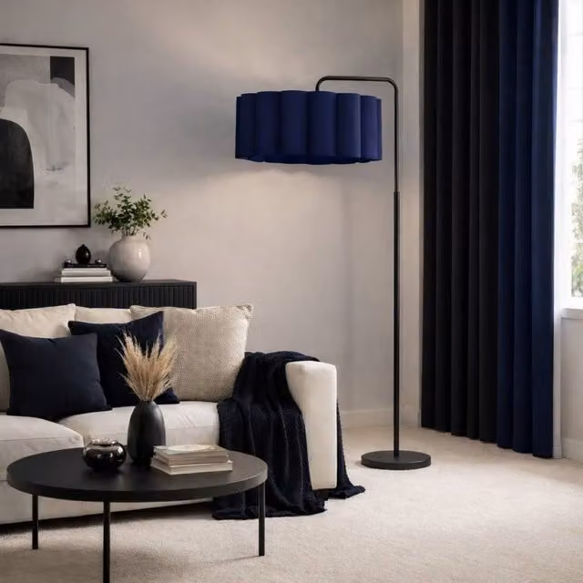 CGC Lighting Kyra Matt Black Angled Floor Lamp with Large Scalloped Fabric Lampshade
