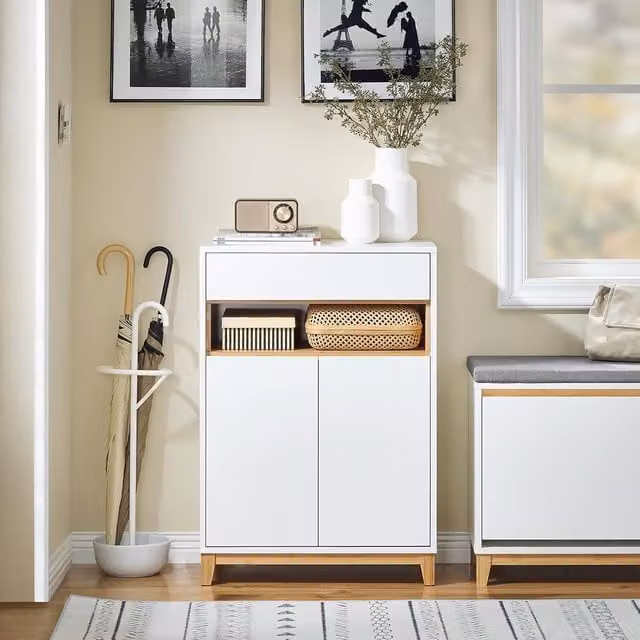 SoBuy Modern White Lacquered Storage Cupboard with Adjustable Shelves and Drawer