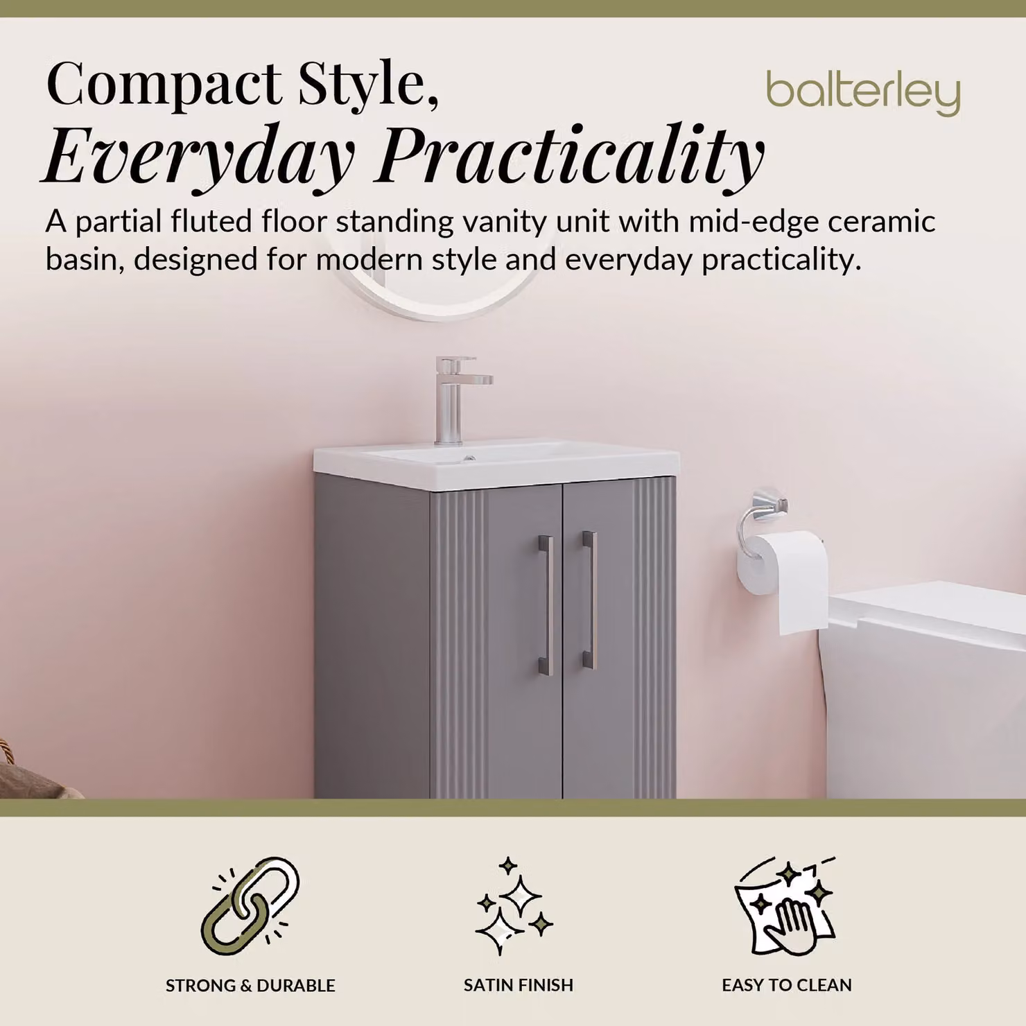 Balterley Floor Standing 2 Door Vanity Unit with Mid-Edge Basin, Satin Grey – 2