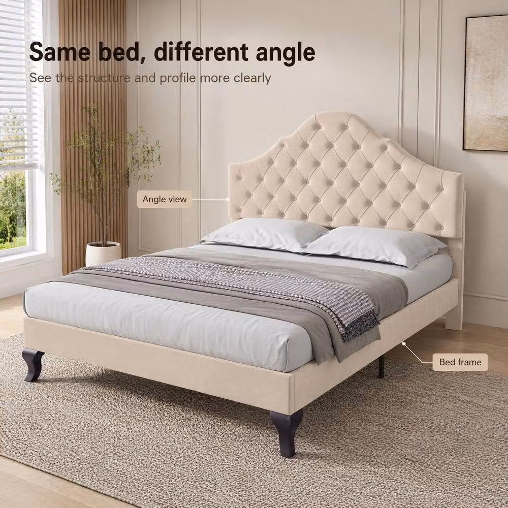 STILVORA Beige Velvet Upholstered Double Bed with Adjustable Headboard W: 140 cm, D: 200 cm, H: 135 cm – 2