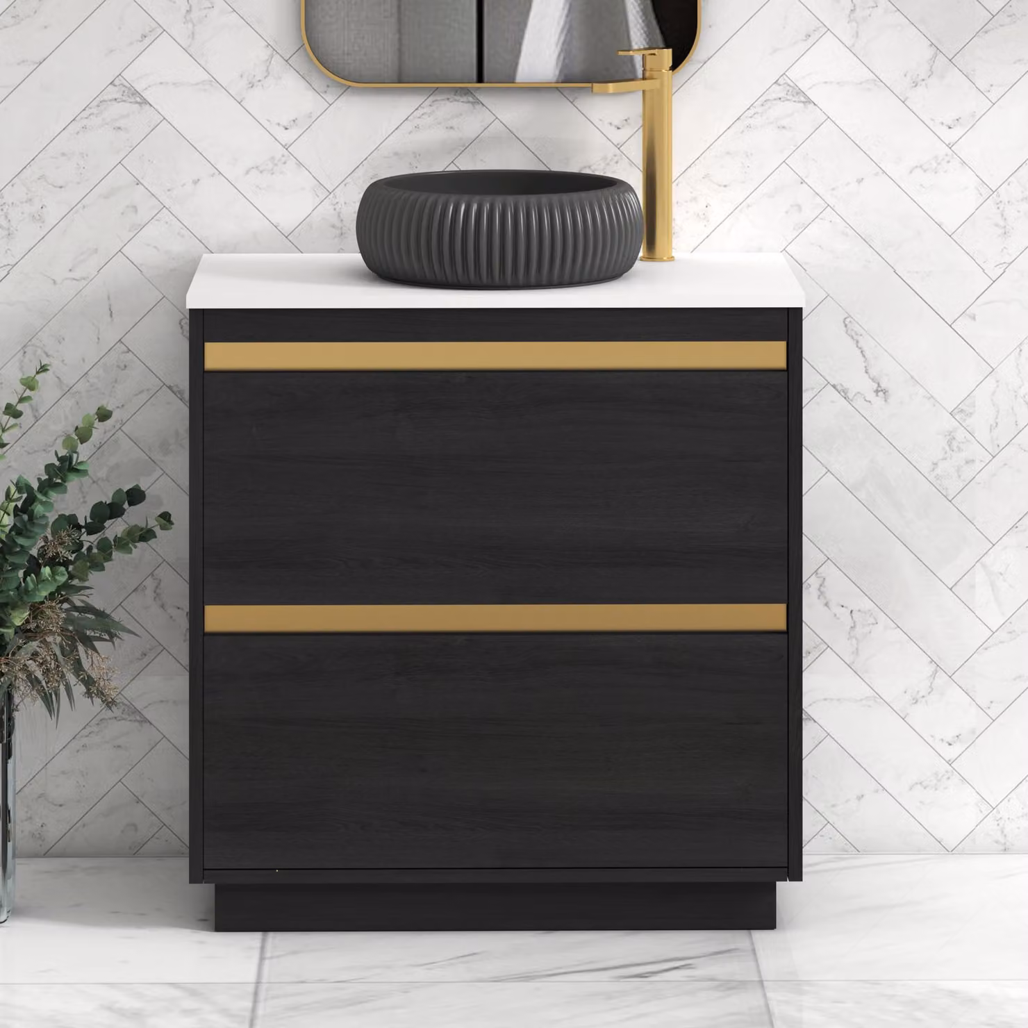 Royal Bathrooms Orion 800mm Hale Floor Standing Vanity Unit with Milan Black Basin and Brushed Brass Trim, White and Black