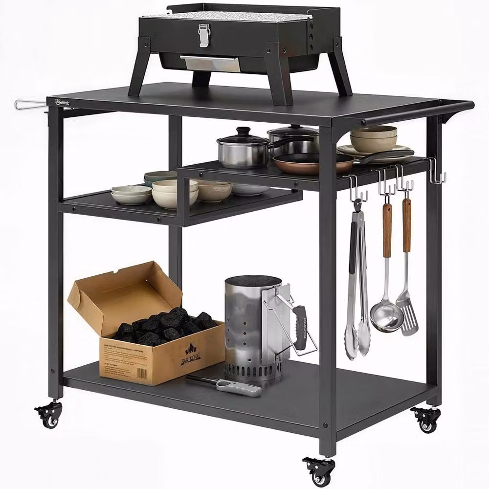 VOGREX Black Metal Outdoor Grill Cart and Movable Food Prep Table on Wheels, W/D/H: 113 x 50.5 x 88 cm – 5