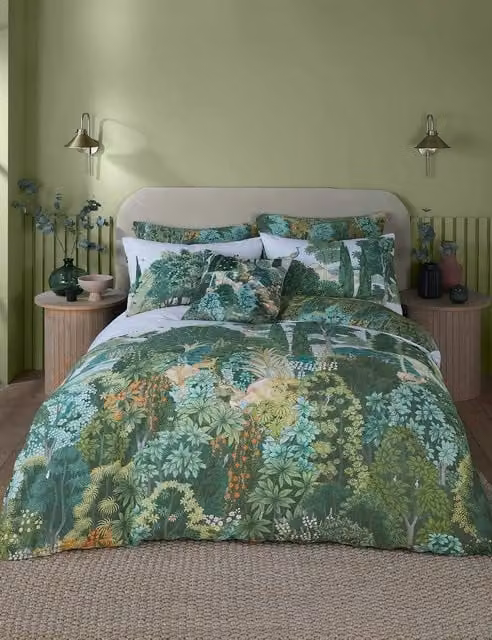 Graham & Brown New Eden Reversible Floral Art Nouveau Pure Cotton Bedding Set, Green, W: 180 cm x L: 200 cm