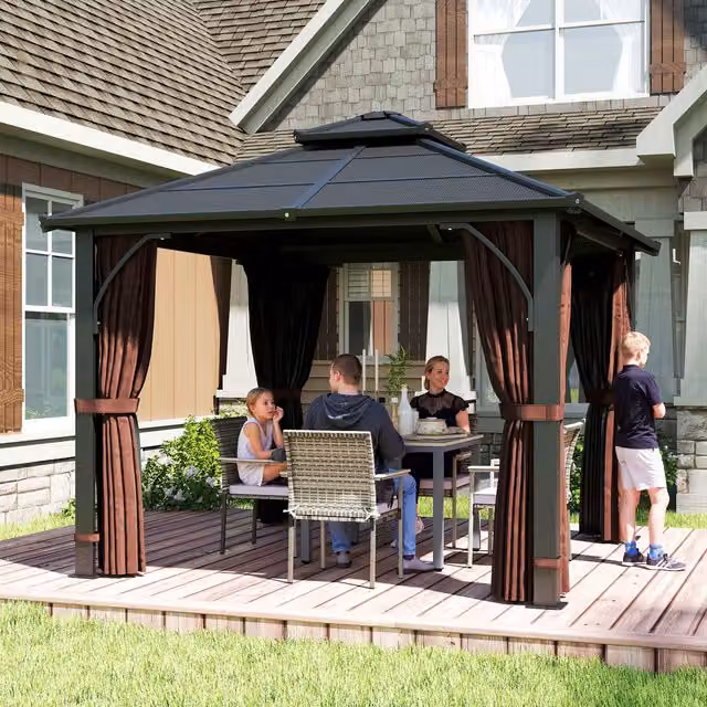 Outsunny Hardtop Polycarbonate Gazebo with Netting and Curtains in Brown