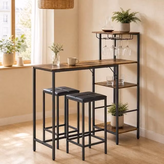 STILVORA 3 Piece Bar Table and Stools Set with Storage in Brown