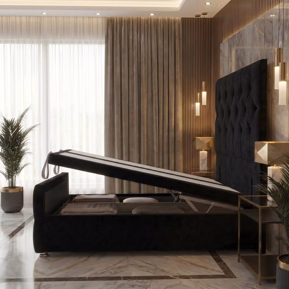 Somnior Ziggy King Size Plush Storage Ottoman Divan Bed with 54 inch Headboard and 22 inch Footboard in Black Velvet Fabric W/D/H: 180 x 200 cm – 2