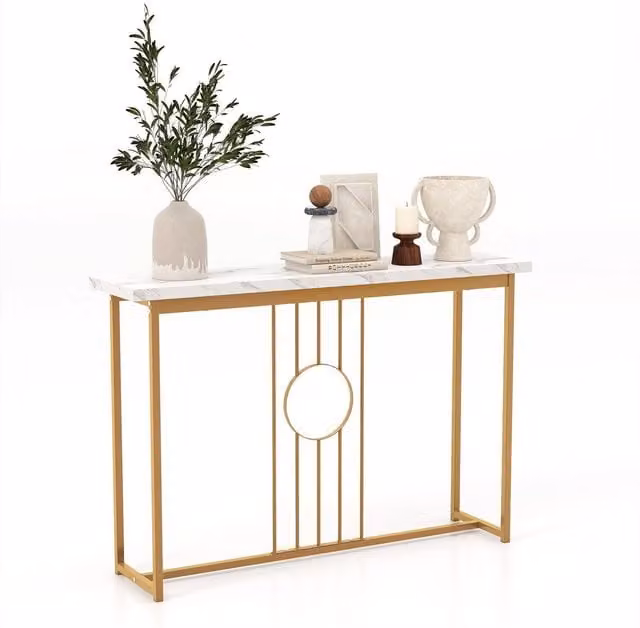 Costway Narrow Faux Marble Console Table with Gold Metal Frame, White and Gold – 1