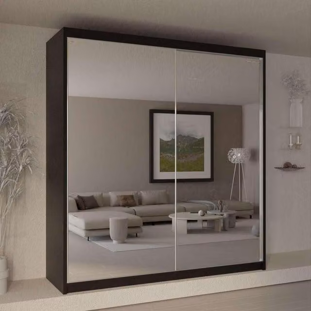 Sliding Wardrobes 4U Jacklin Double Full Mirror Sliding Door Wardrobe in Black, W: 200 cm, H: 217 cm – 1
