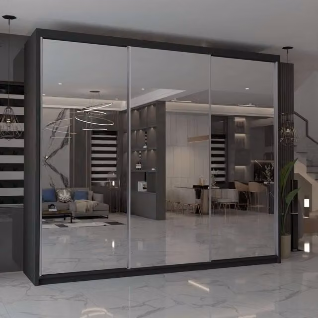 MN Furniture Cuba Black Sliding Mirror Wardrobe with LED Lighting W: 250 cm, H: 217 cm