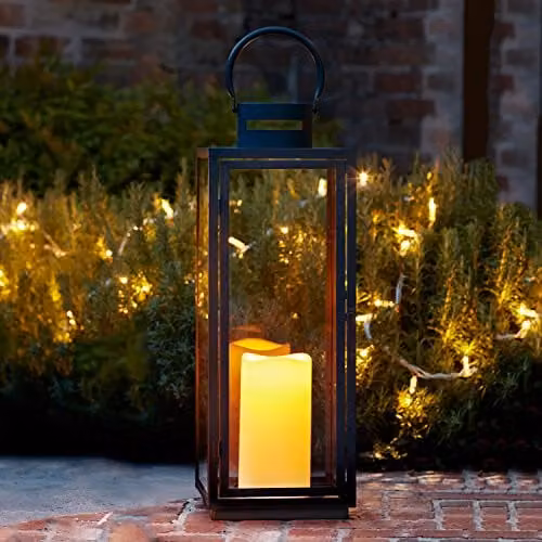 Lights4fun Extra Large Black Metal LED Candle Lantern with Flickering TruGlow Candle, Waterproof Design and Timer, Height: 65 cm