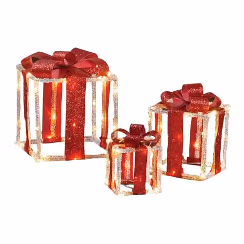 The Christmas Workshop Light-Up Gift Boxes, Set of 3, White and Red with Warm White LED Lights and Timer Function, Battery Powered, W/D/H: 22.0 x 20.0 x 20.0 cm – 1