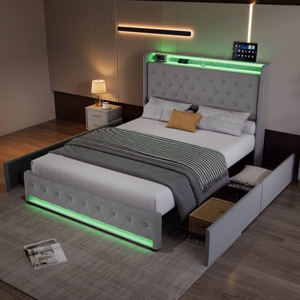 ModernLuxe Grey Velvet Upholstered Double Storage Bed with 4 Drawers, LED Lighting and USB Charging Port, W/D/H: 140 x 190 x 45.5 cm – 2