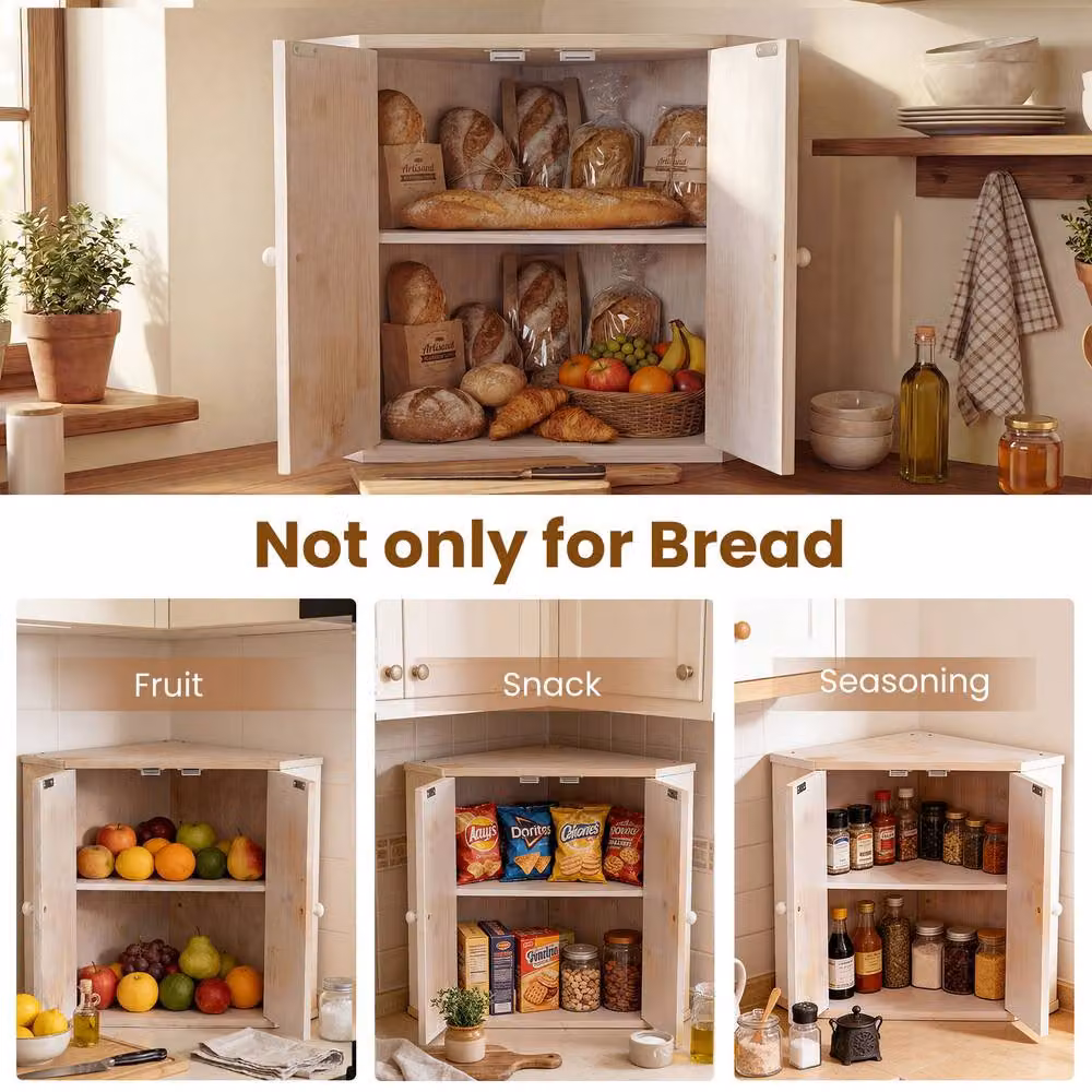 Gymax Double Layer Corner Bread Bin with Adjustable Bamboo Shelf, White – 5
