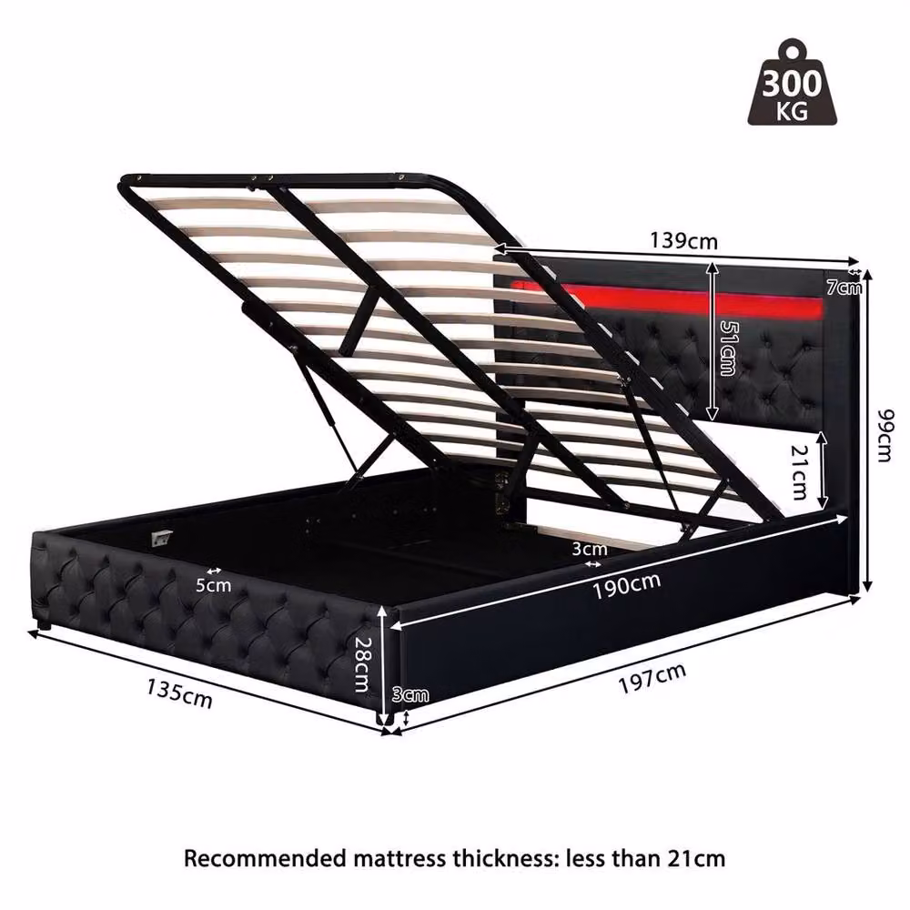 FORGEVIO Black Faux Leather Upholstered Cot Bed Frame with LED Under-Bed Lighting and Gas Lift Storage – 2