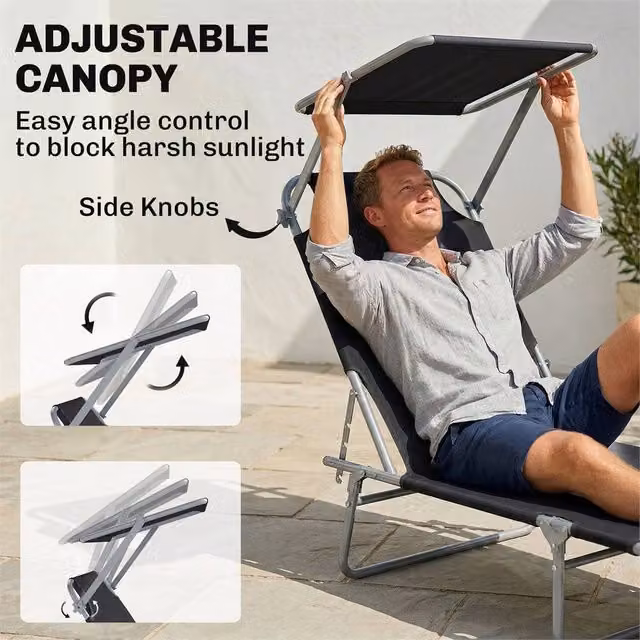 EONLION Black Reclining Sun Lounger Chair with Sun Canopy and Adjustable Headrest – 1