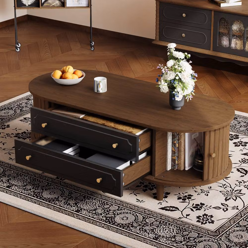 Matteo Scandinavian Oval Coffee Table in Brown and Black Wood Finish with 2 Drawers and Roll-Up Door, W/D/H: 100 x 50 x 36 cm – 2
