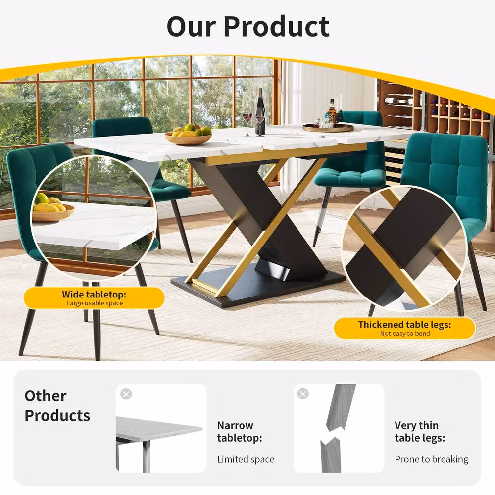 Rolipo Black Marble Effect Extendable Rectangular Dining Table with Gold Metal Legs, W: 120-160 cm, D: 60 cm, H: 75.4 cm – 4