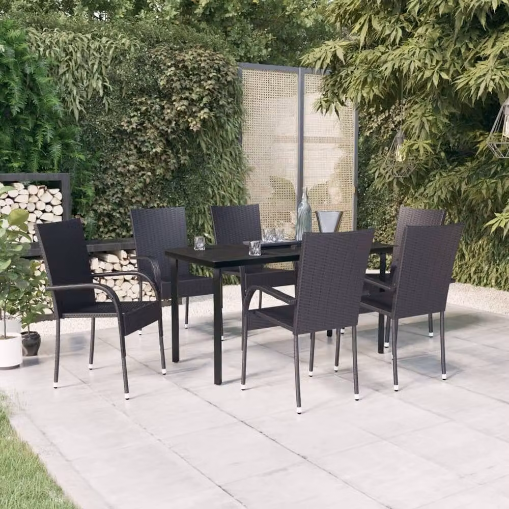 Berkfield Home 7 Piece Outdoor Dining Set in Black Rattan and Metal with Glass Top – 1