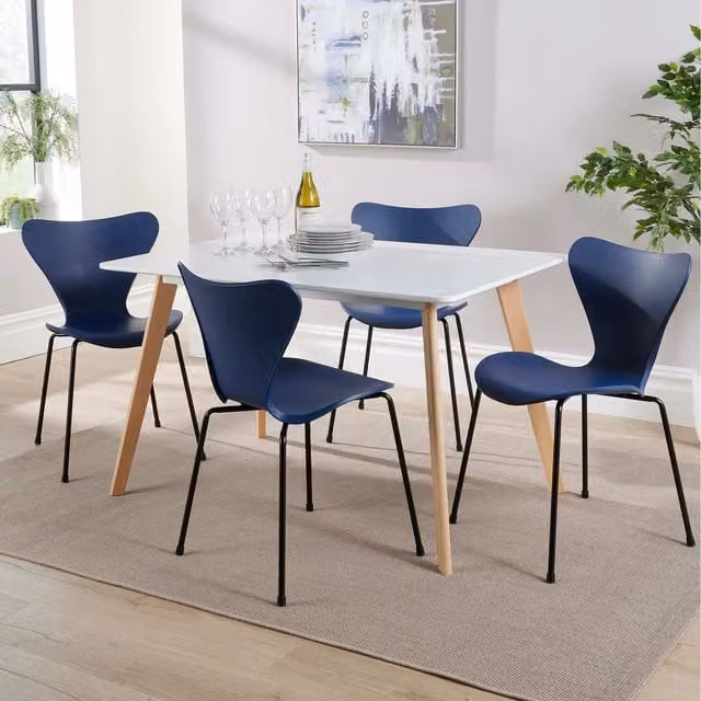 Home Source Fleur Dining Set with Rectangular Table and 4 Penny Chairs in Blue, White and Grey