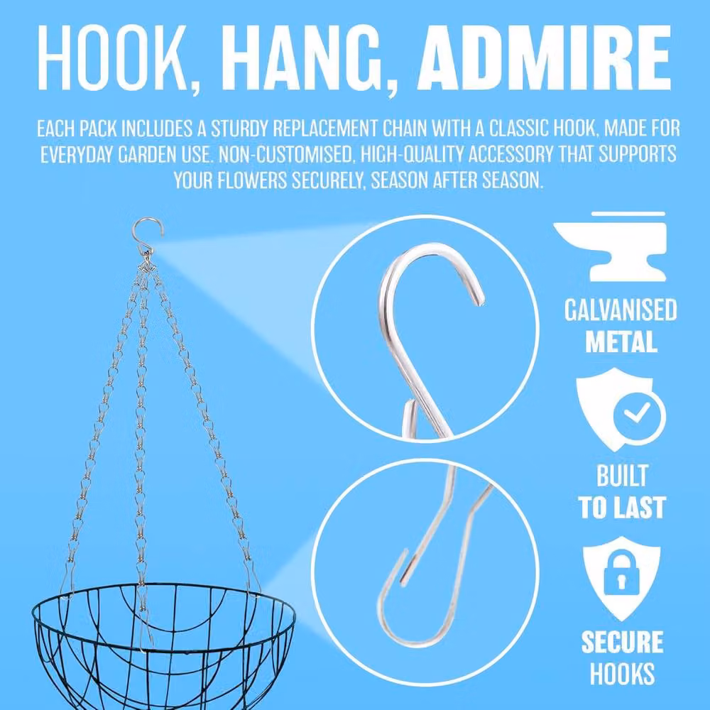 BARGAINS-GALORE 2 Pack of Galvanised Steel Hanging Chain Hook Replacements for Baskets in Metallic Silver, Length: 30.48 cm – 3
