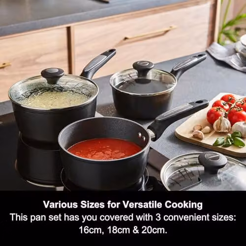 Morphy Richards 3-Piece Forged Aluminium Non-Stick Pan Set with Glass Lids in Black, 16, 18 and 20cm – 5