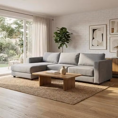 Abakus Direct Kaizer L-Shaped Corner Sofa in Grey Bouclé Fabric, Left Facing – 2