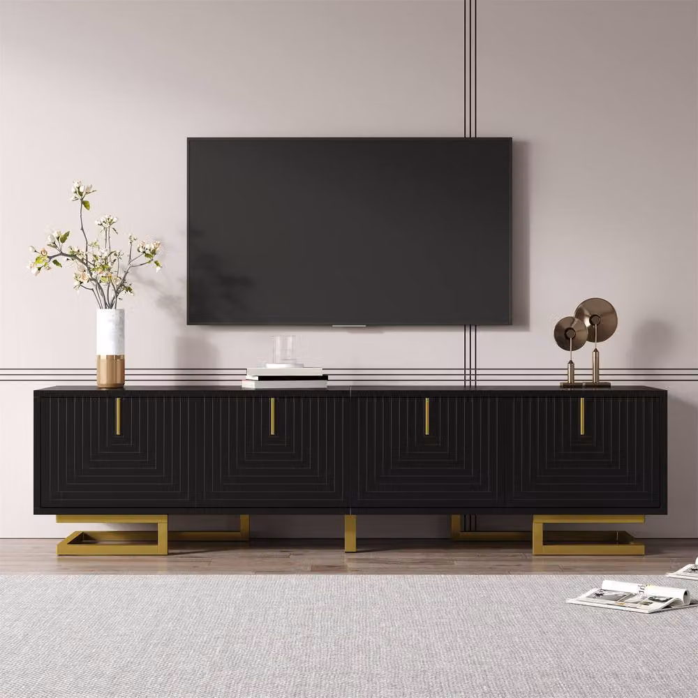 Merax Modern 160cm TV Stand with 4 Geometric Textured Doors and Gold Legs in Black, W: 160 cm, D: 44.5 cm, H: 38 cm – 4