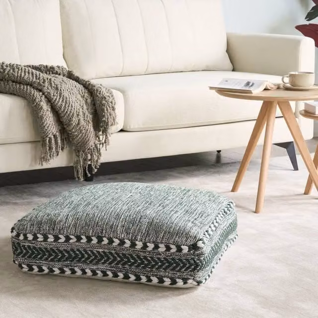 Wyld and Coco Green and White Geometric Cotton Floor Cushion W/D/H: 60 x 60 x 12 cm