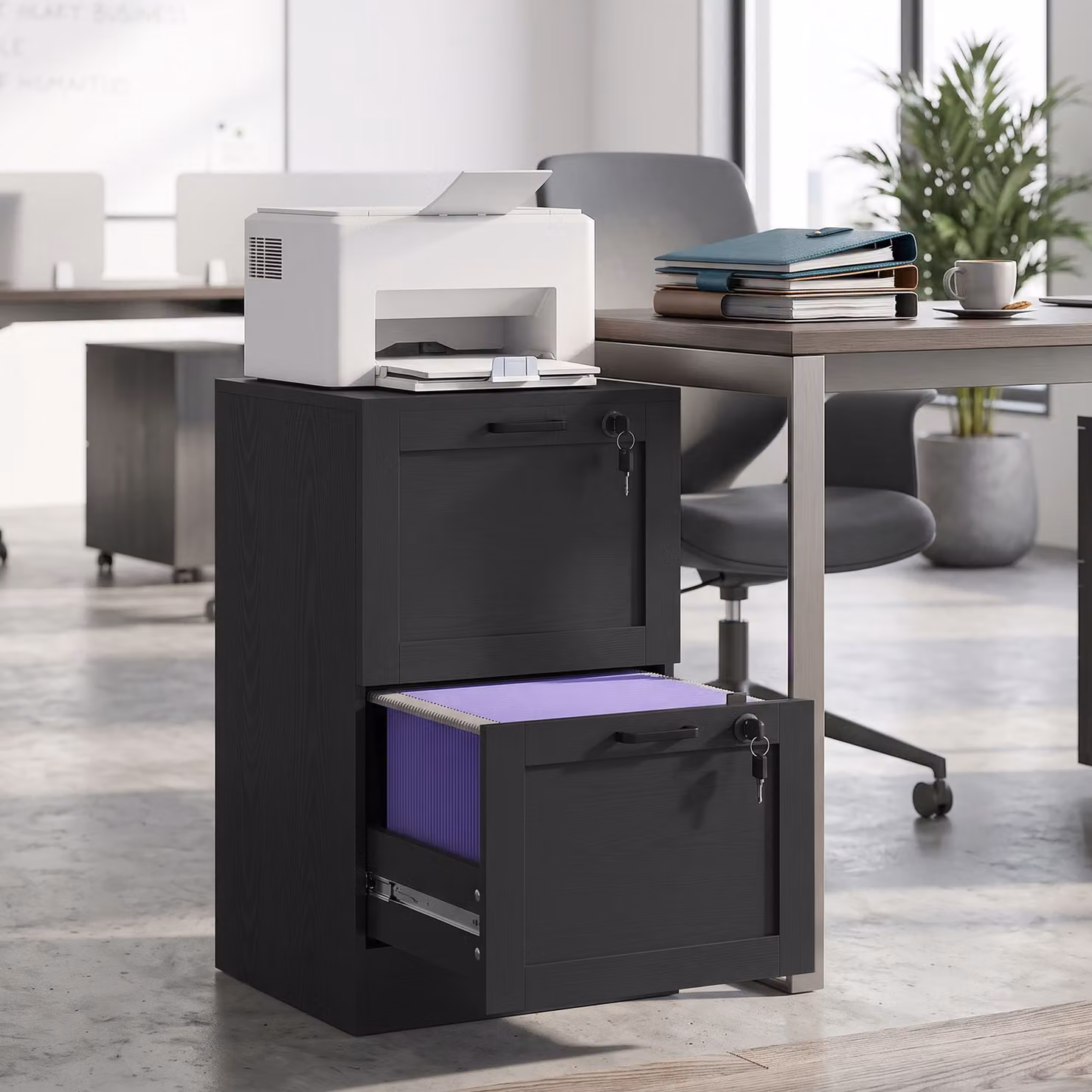 HOMCOM Modern 2-Drawer Locking Filing Cabinet in Matt Black – 2