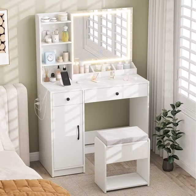 COSTWAY Minimalist Hollywood LED Dressing Table Set with Stool in White