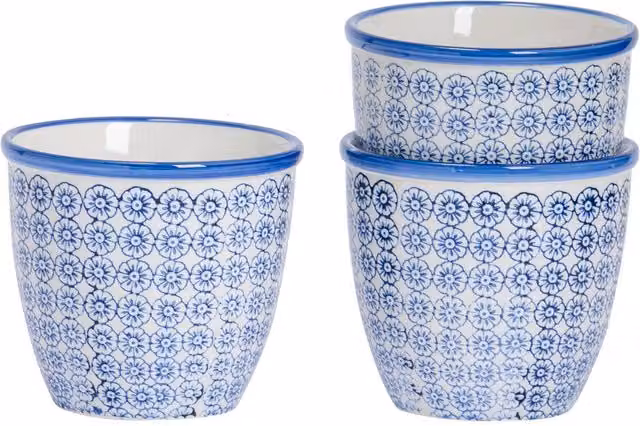 Nicola Spring Ceramic Hand-Printed Plant Pot Set of 3 in Turquoise, Red and Blue, H: 13.8 cm, W: 12.5 cm, D: 13.8 cm
