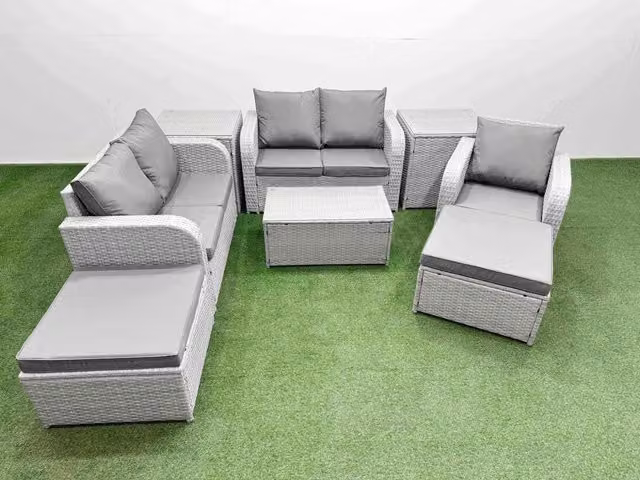 Fimous Grey Poly Rattan Garden Furniture Set with Reclining Chair, 2-Seater Sofa, Coffee Table and 2 Ottomans