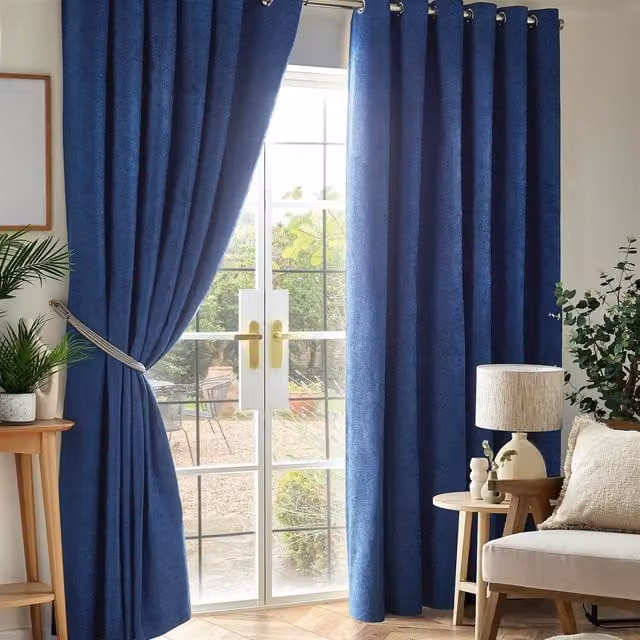 Livinluxury Blue Chenille Blackout Eyelet Curtains, Width: 117 cm