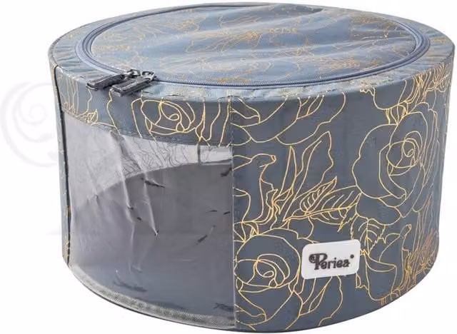 Periea Abby Folding Round Storage Box with Lid, Metallic Floral Grey and Multicolour, 9.5l