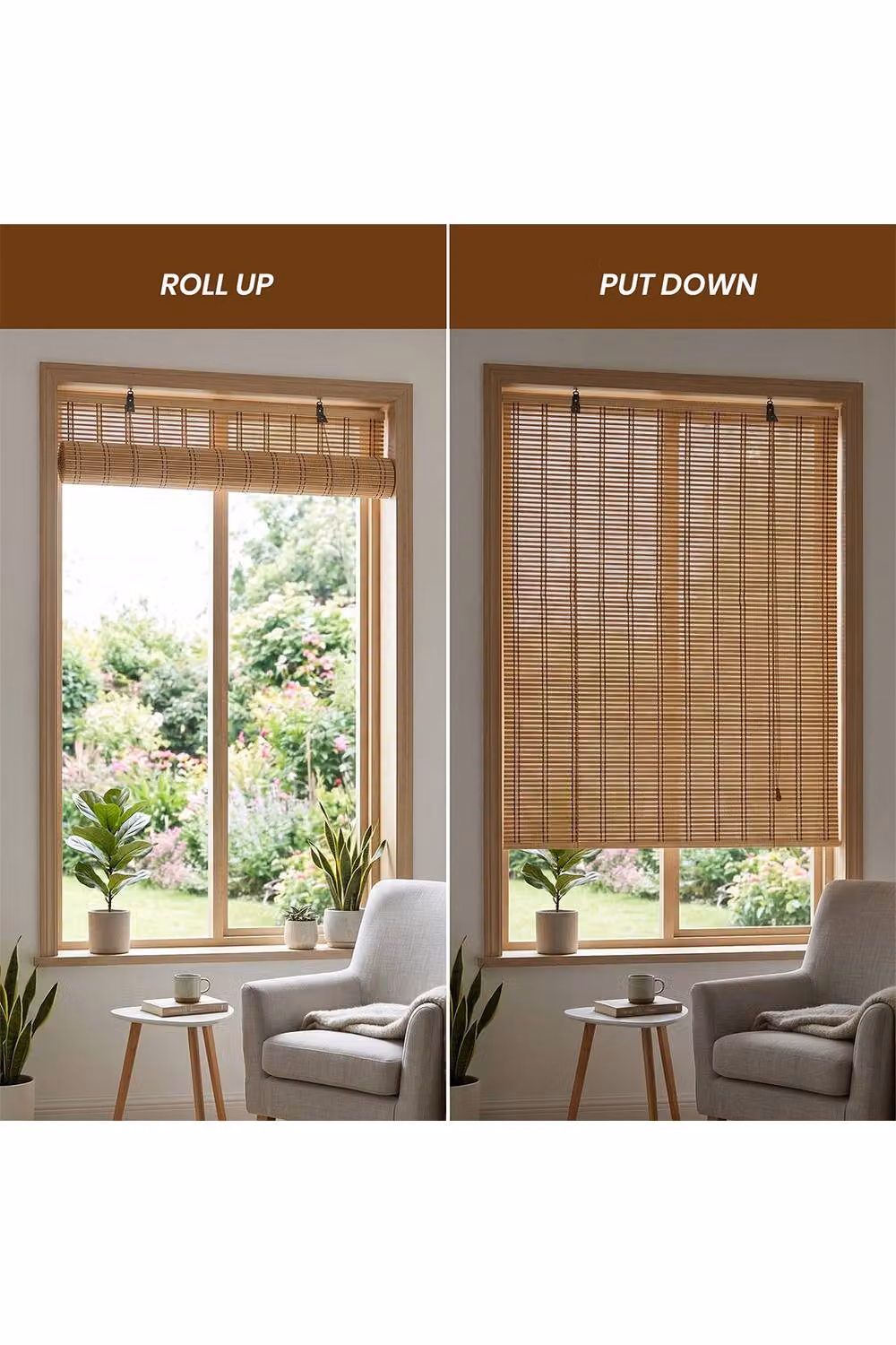 Living and Home Natural Brown Bamboo Roll-Up Window Blinds, H 180 cm x W 90 cm – 2