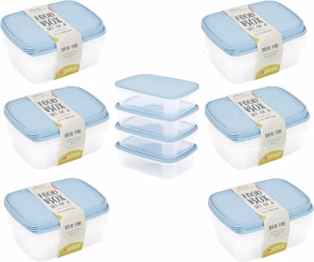 Wham Plastic Food Storage Container Set of 4 with Snap Lids, 1L per Container, Transparent and Blue