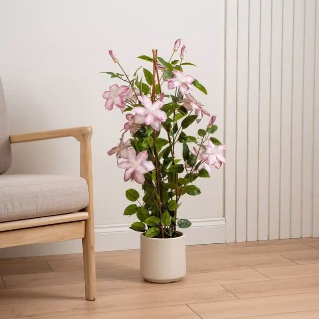 Scottish Everlastings Ltd Real Touch Climbing Clematis in a Pink Pot, White Flowers, Height: 98 cm – 1