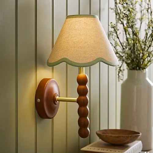 ValueLights Bobbins Walnut Bobble Wall Light with Green Linen Trim Shade – 3