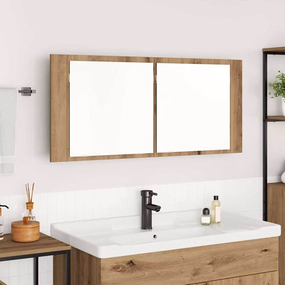 Berkfield Home Artisan Oak LED Mirror Cabinet in Brown, W/D/H: 100 x 12 x 45 cm – 2