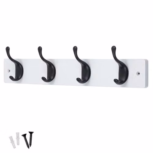 Keypak Modern 4-Hook Coat Rack with Matte Black Metal Hooks on a White Wooden Board, Width: 46 cm