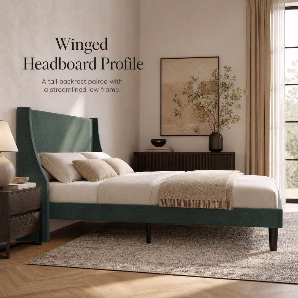 STILVORA Green Velvet Upholstered Double Bed Frame with Wingback Headboard, W/D/H: 140 x 200 x 96 cm – 2