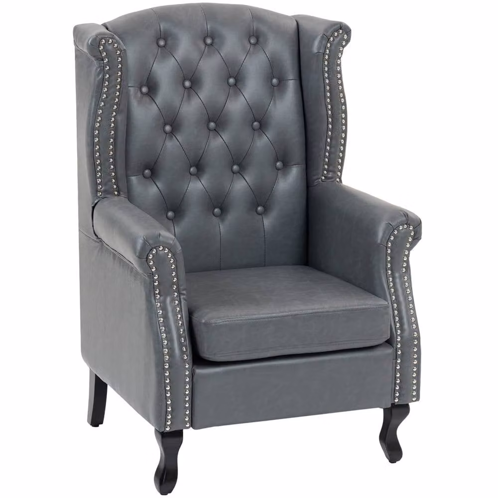 Wyld Haus Radima Grey Faux Leather Chesterfield Wingback Accent Armchair W/D/H: 70 x 70 x 108 cm – 2