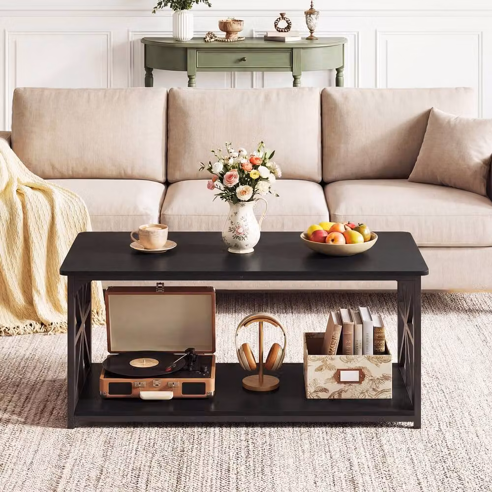 Gymax Industrial Farmhouse Coffee Table with 2-Tier Open Storage Shelf in Black – 6