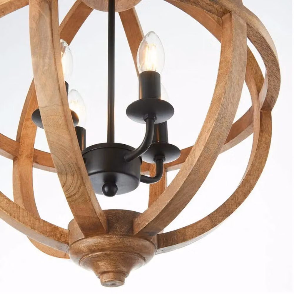 Loops Multi Light 4 Bulb Ceiling Pendant Lamp in Mango Wood and Bronze with Round Shade – 2