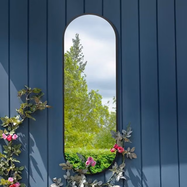 MirrorOutlet Vultus Double Arched Metal Framed Garden Wall Mirror in Black, Height: 180 cm