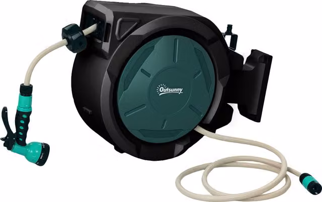 Outsunny Retractable Wall Mounted Garden Hose Reel with 30+2m Hose, 7 in 1 Spray Nozzle and 180 Degree Swivel, Green, W/D/H: 59 x 23 x 42 cm – 1